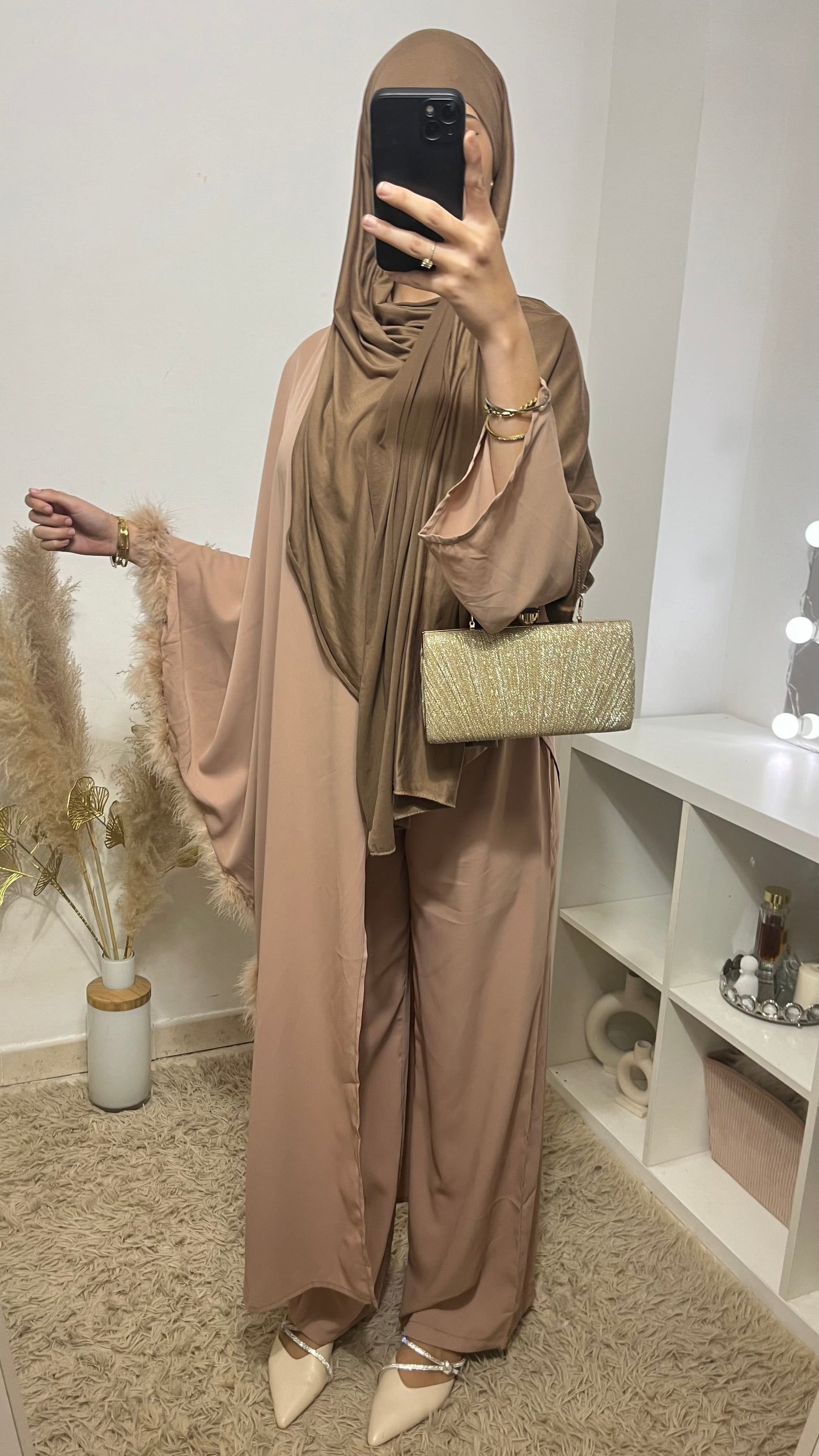 Ensemble plumé camel